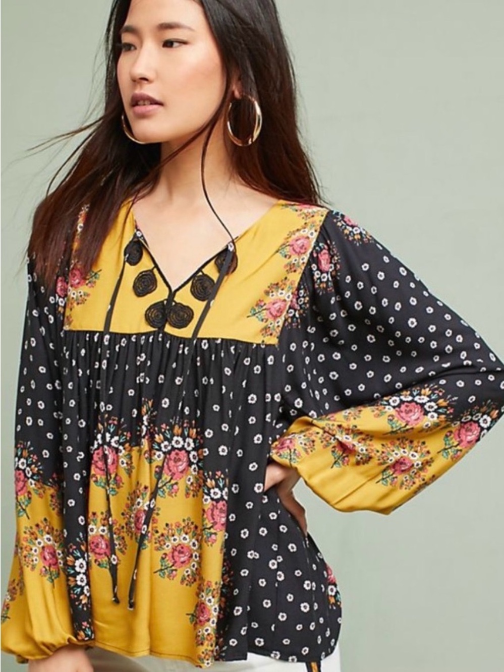 Farm Rio Bohemian Floral Patchwork Peasant Top - Black & Mustard